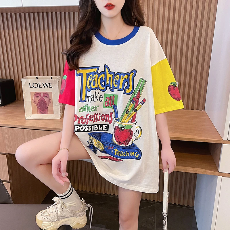 洋气撞色纯棉中长款短袖T恤女宽松大码卡通减龄设计感半袖上衣夏