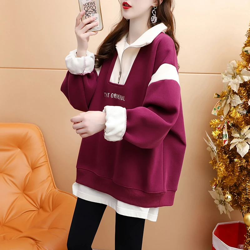 秋冬加绒加厚半拉链polo领美式洋气纯棉无帽卫衣女2025大码中长款