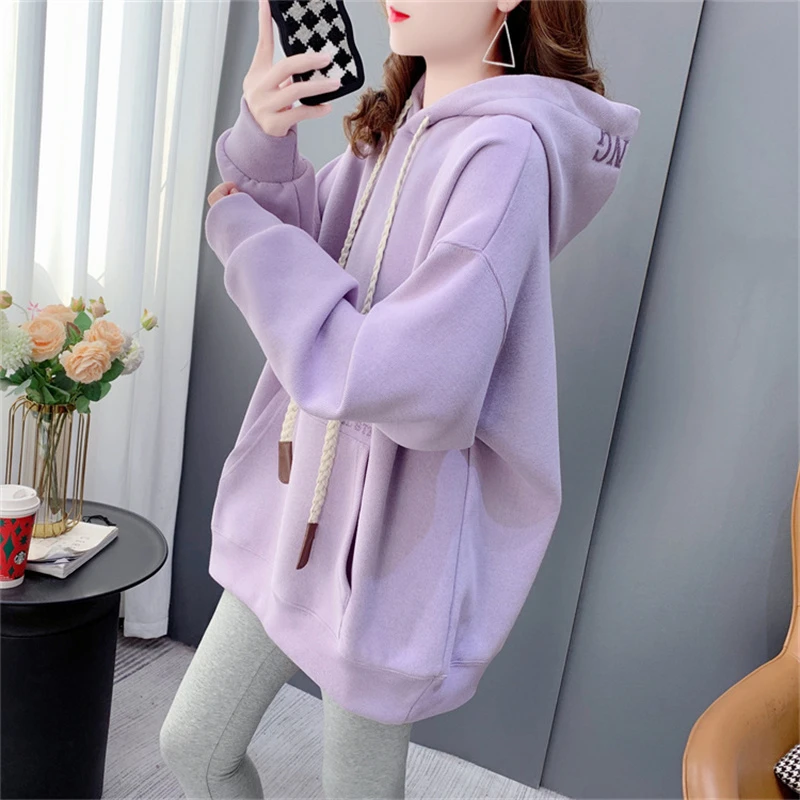 加绒加厚连帽卫衣女秋冬季2025新款宽松慵懒风炸街爆款中长款外套