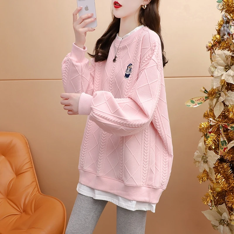 粉色假两件卫衣女春秋2025新款宽松休闲网红中长款设计感薄款上衣