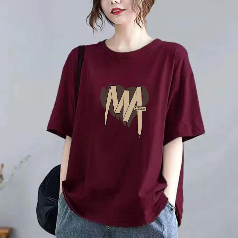 100%纯棉酒红色短袖T恤女上衣2024夏季新款宽松大码韩版百搭潮
