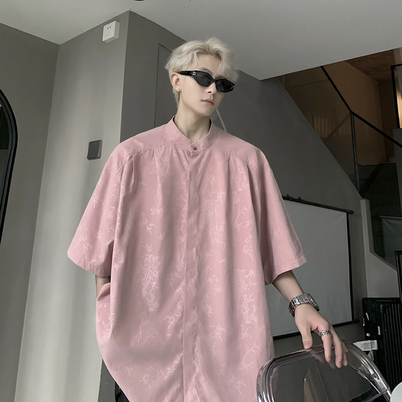 粉红色立领冰丝短袖花衬衫男夏季薄款新中式潮牌国风半袖衬衣外套