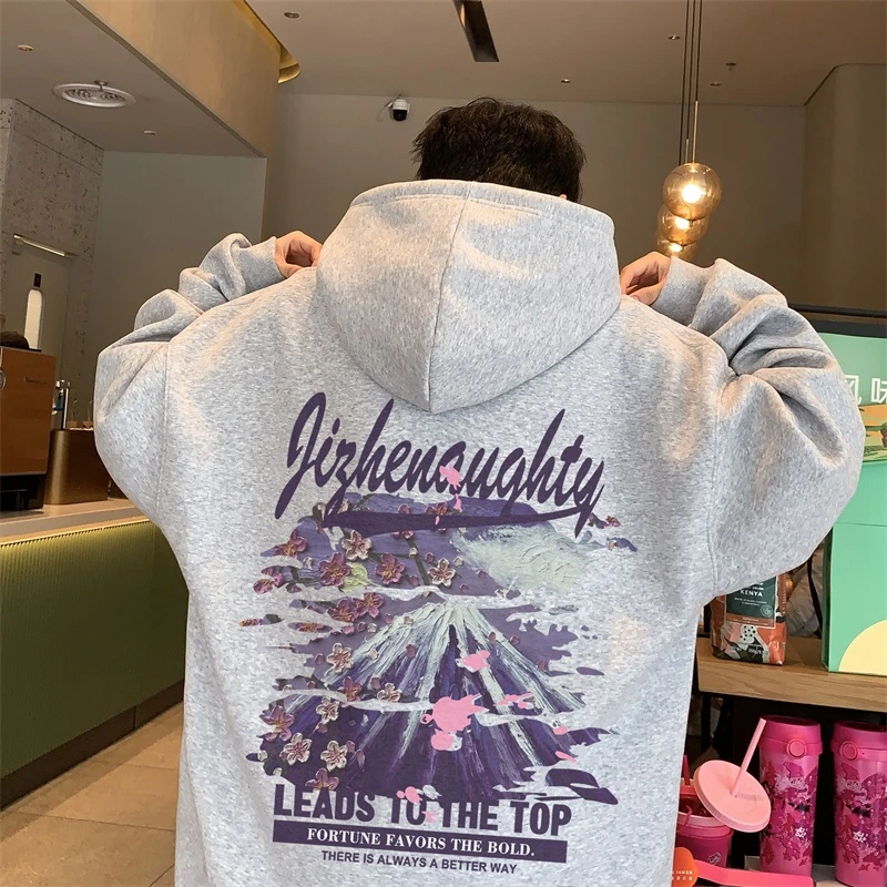 雪山飘花连帽衫卫衣男春秋日系潮牌大码宽松oversize重磅情侣外套