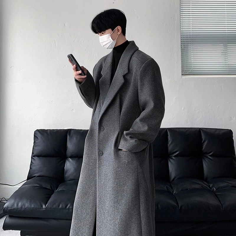 英伦风中长款质感毛呢大衣外套男士秋冬加绒加厚潮牌过膝呢子风衣