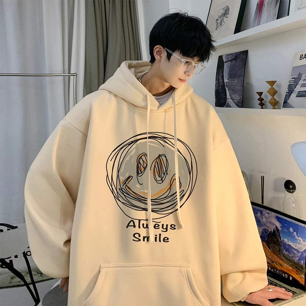 涂鸦笑脸连帽卫衣男士加绒春秋重磅oversize大码美式潮牌宽松外套