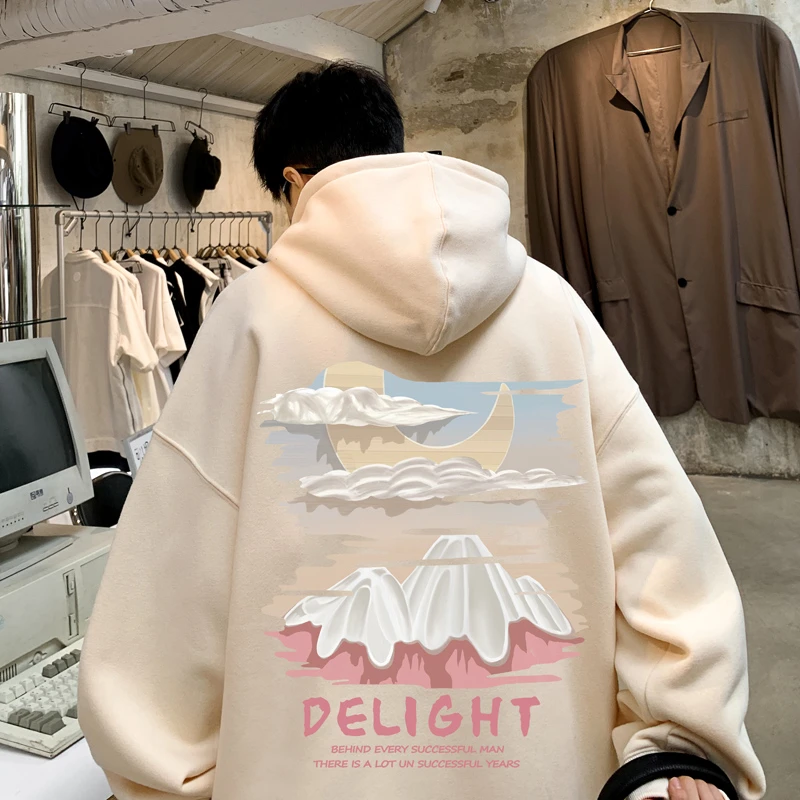 杏色雪山oversize美式加绒卫衣男春秋重磅连帽衫日系潮牌宽松外套