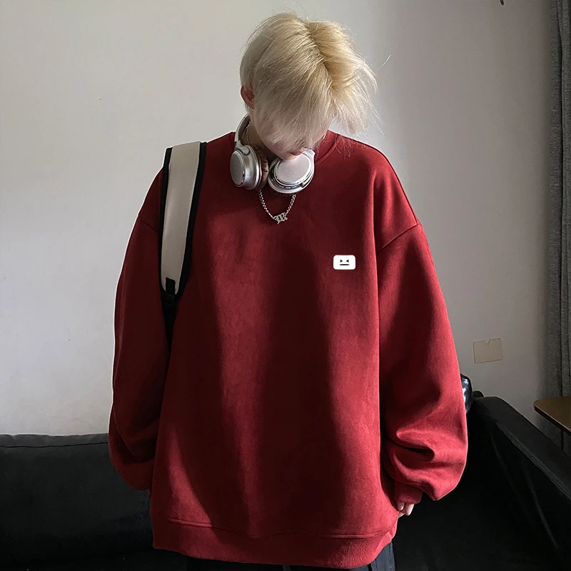 酒红色仿麂皮绒圆领中山卫衣男春秋美式潮牌oversize大码慵懒外套