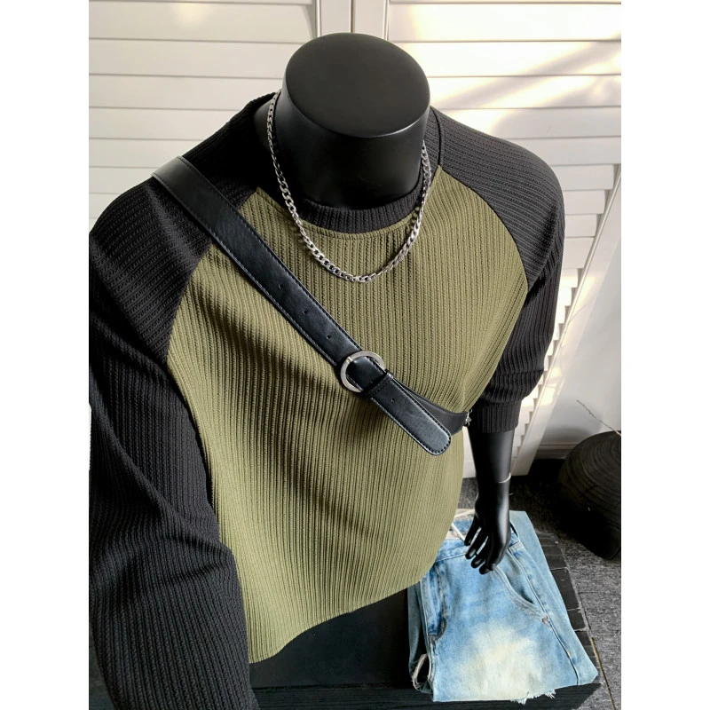 肌理感坑条重磅长袖t恤打底衫男款春秋美式复古潮牌内搭宽松上衣