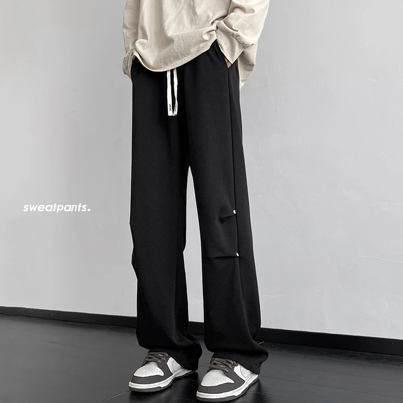 铆钉褶皱设计运动卫裤男春秋美式复古潮牌大码宽松直筒阔腿长裤子