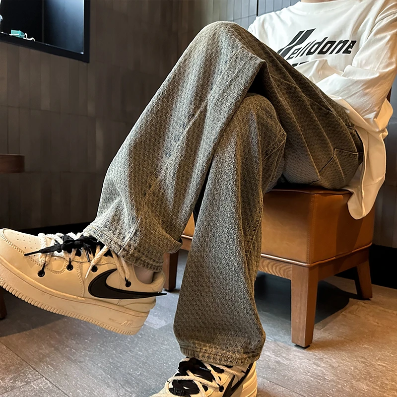 肌理感提花格子水洗牛仔裤男春秋美式高街vibe潮牌宽松直筒长裤子