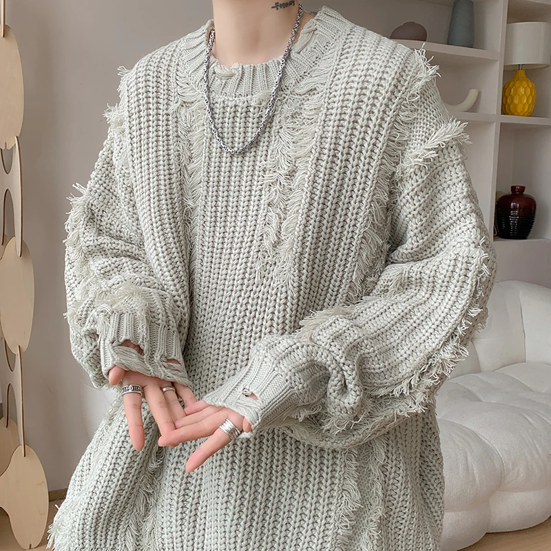 破洞流苏毛衣针织衫外套男春秋美式潮牌高级感慵懒风大码宽松线衣