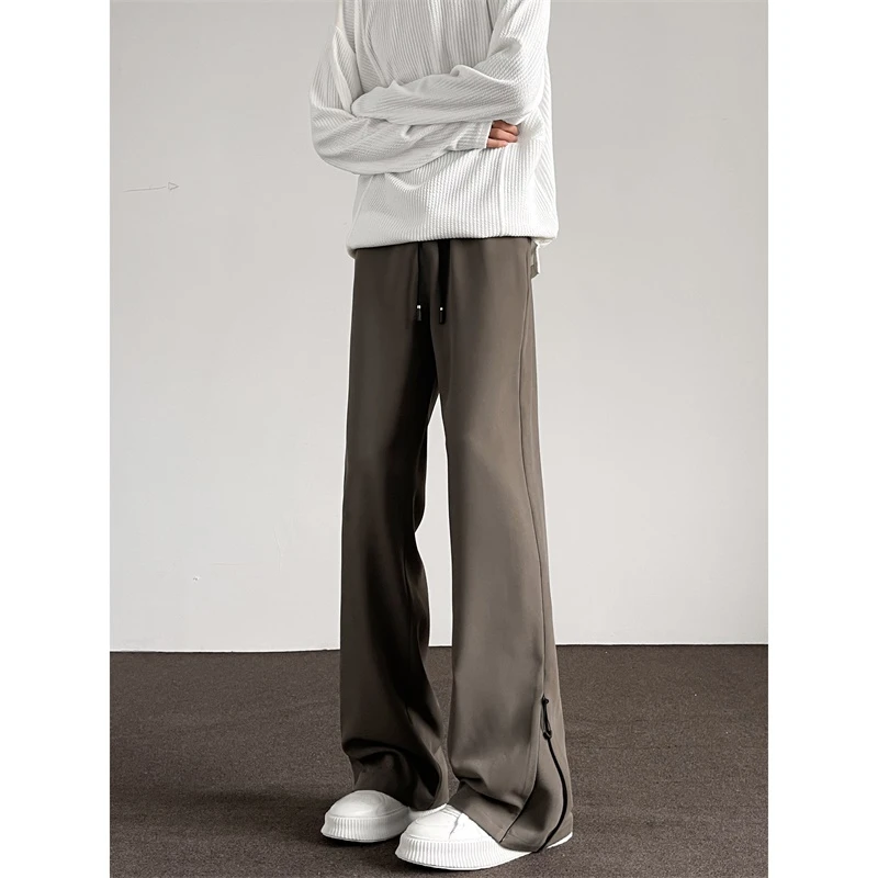 咖色拉链垂感西裤男春秋cleanfit美式潮牌修身直筒微喇休闲长裤子