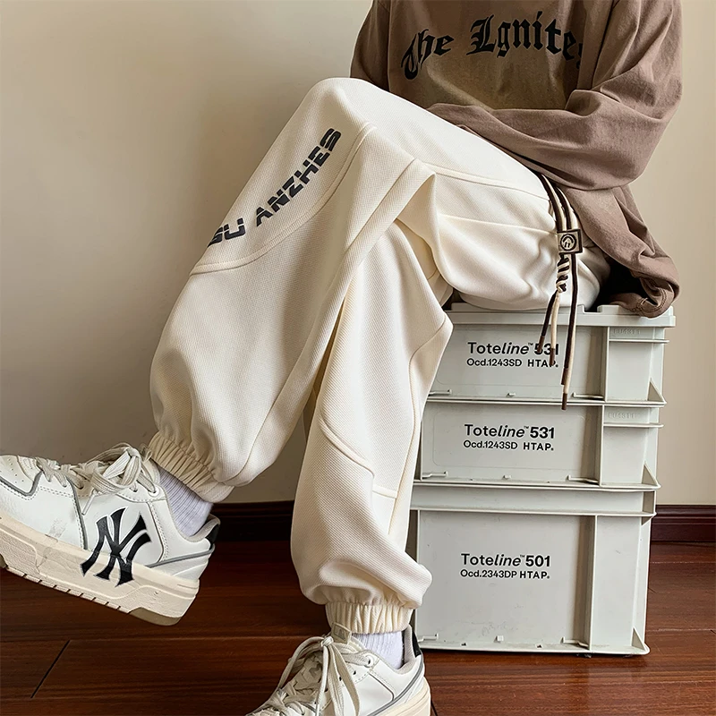 华夫格重磅束脚运动卫裤男春秋大码美式潮牌宽松直筒阔腿休闲裤子