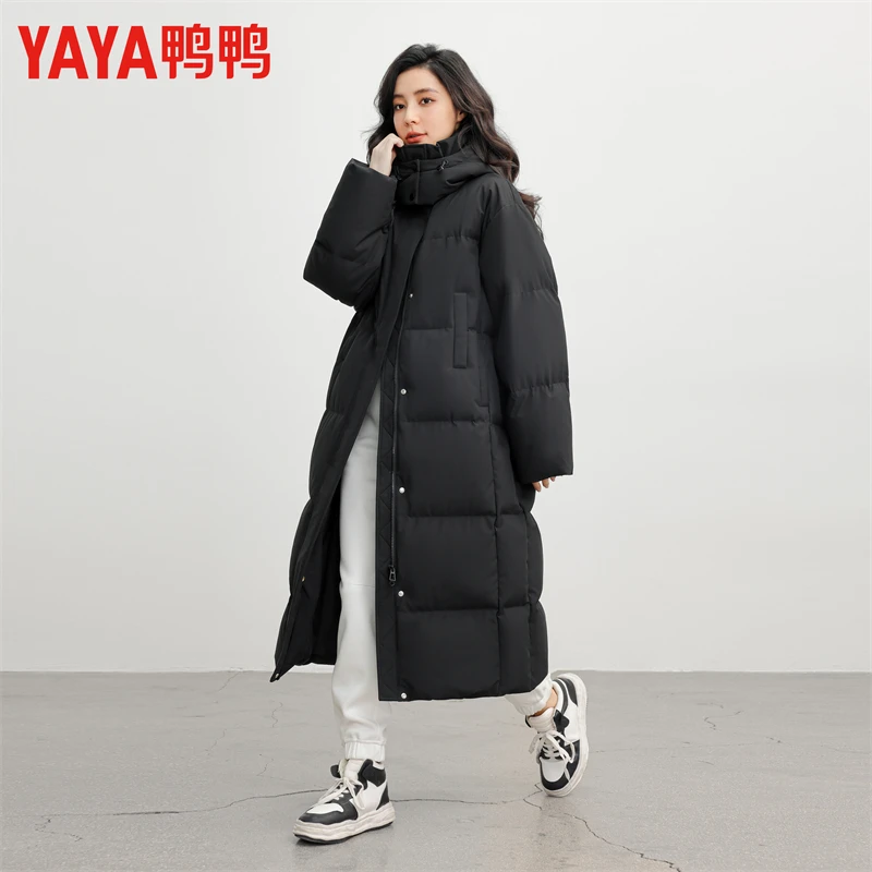 YAYA/鸭鸭连帽保暖羽绒服女冬长款过膝面包服韩版宽松外套加厚