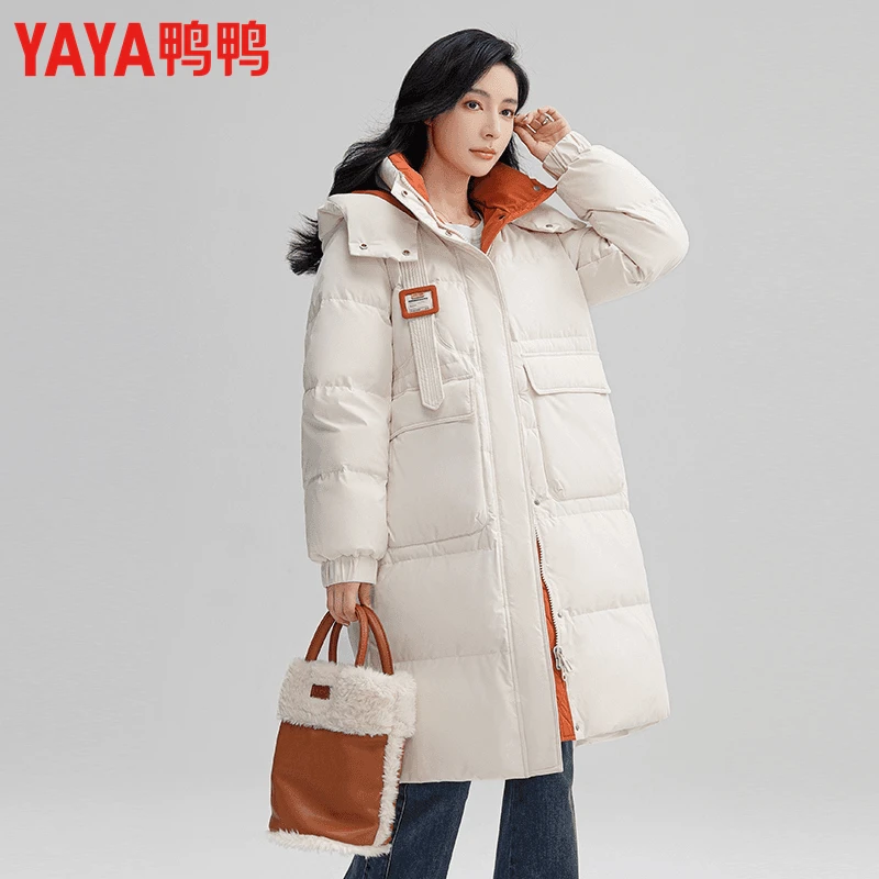 YAYA/鸭鸭韩版保暖气质时尚长款纯色休闲羽绒服女外套