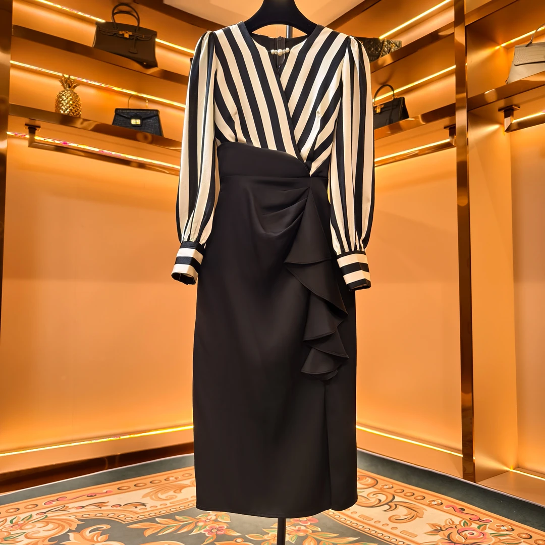 【香舍菲尔】条纹拼接法式收腰不规则气质包臀轻奢连衣裙-82558