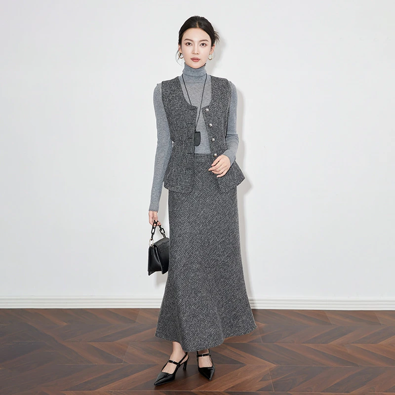 老钱风时髦套装女秋装新款无袖外套+鱼尾半裙两件套装女  2430411