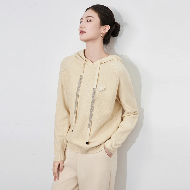 慵懒休闲风镶钻抽绳针织连帽卫衣女长袖宽松2024秋冬新款2433212