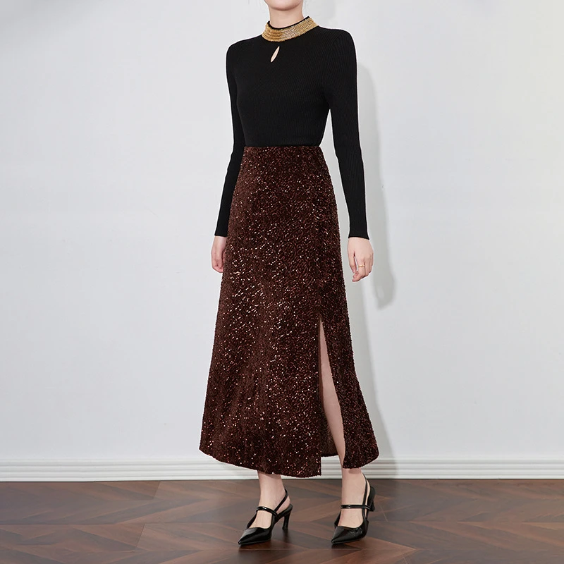 高级感气质名媛风遮肉丝绒亮片显瘦半身裙秋冬款南油女装2433301