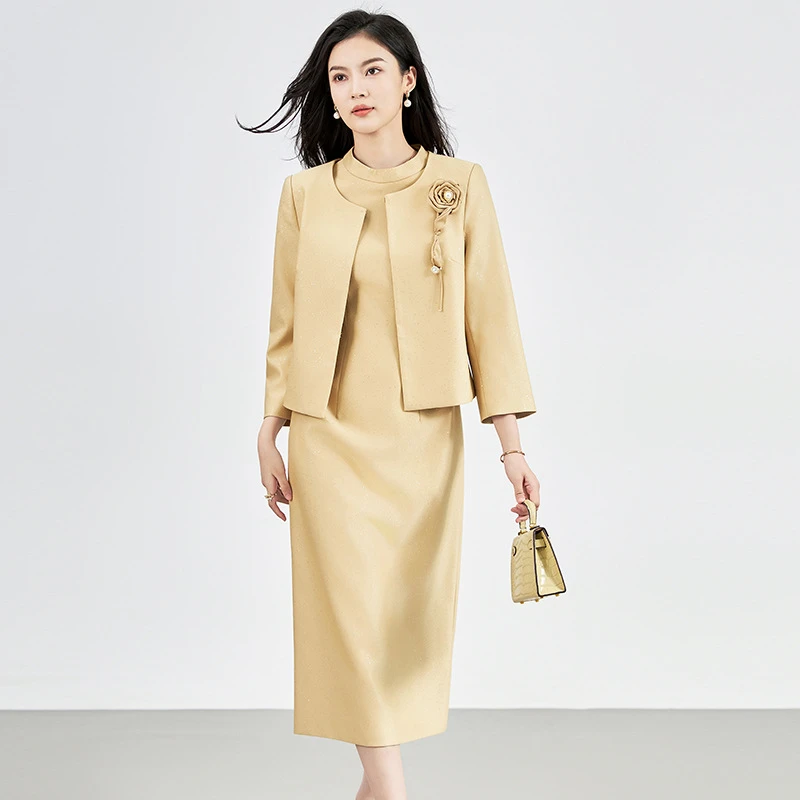 时尚洋气套装女秋冬羊毛呢圆领外套+背心连衣裙子两件套2427406