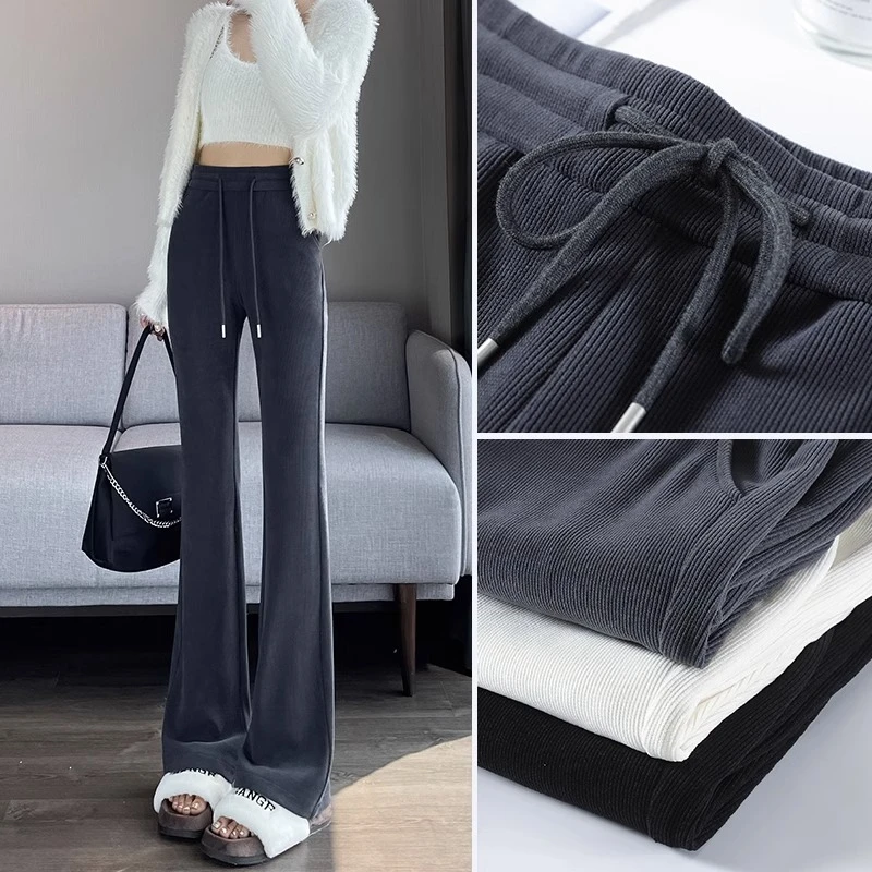 雪尼尔喇叭裤女加绒秋冬新款高腰修身显瘦弹力小个子微喇瑜伽裤