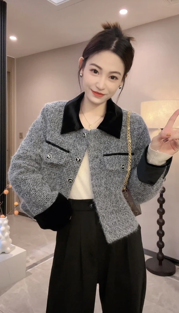 夹棉加厚秋冬新款气质高级感小香风套装外套高腰毛呢阔腿裤两件套