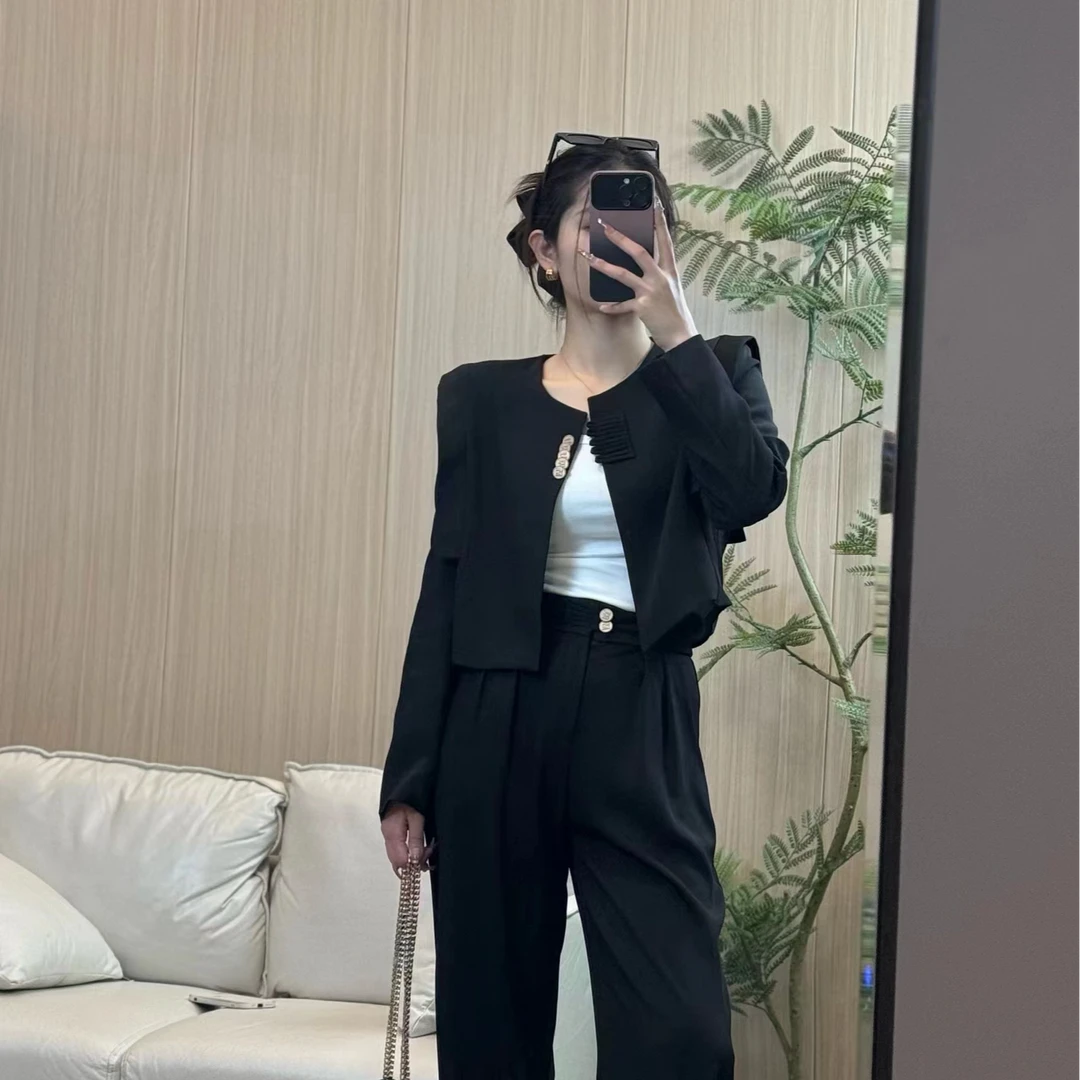 春季2025新款高级设计感新中式西装上衣外套+高腰阔腿裤两件套装