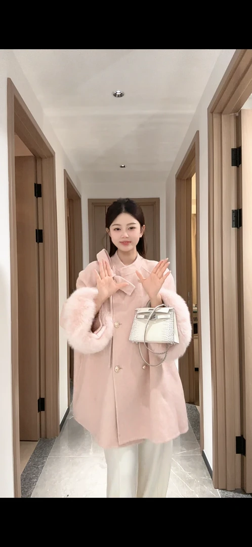 【一只五五】【温莎千金】蝴蝶结双面羊毛大衣女狐狸毛呢外套秋冬