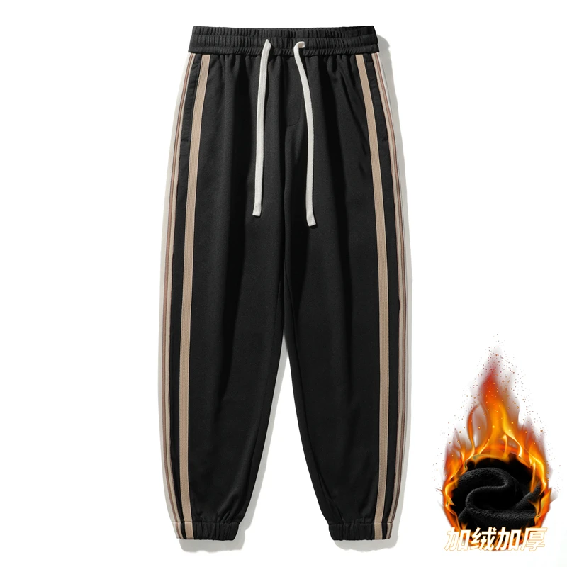 新款侧边条纹拼接加绒束脚卫裤男士美式潮牌运动风百搭宽松休闲裤