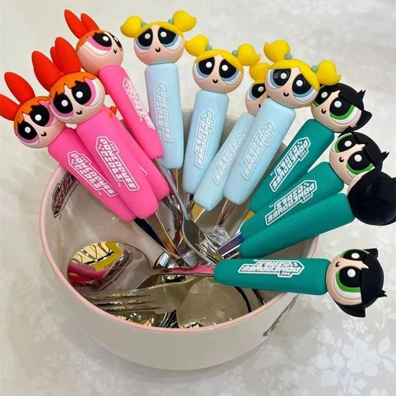 可可爱爱飞天小女警304不锈钢勺子叉子家用儿童汤勺粥勺甜品勺