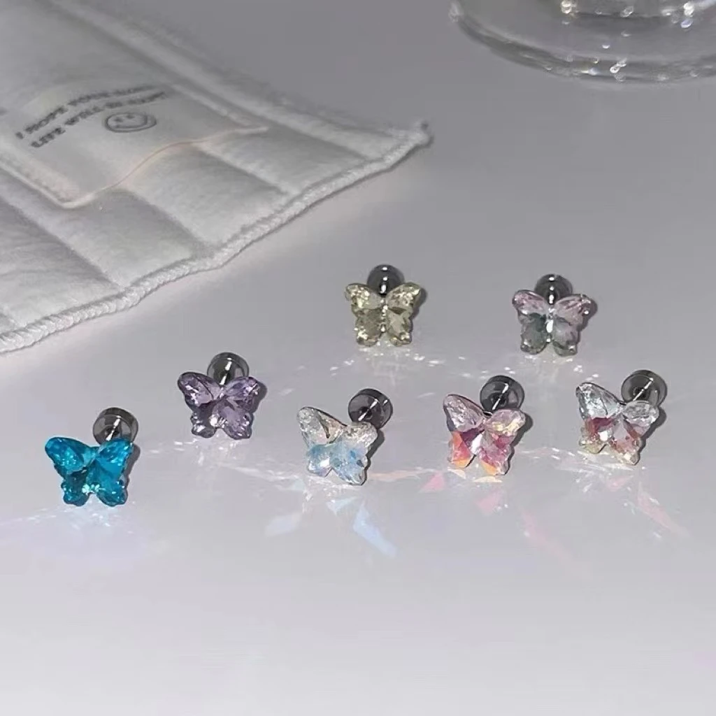 钛钢耳饰  蝴蝶华子爆闪耳骨耳蜗钉钛钢防过敏圆饼耳堵爆闪