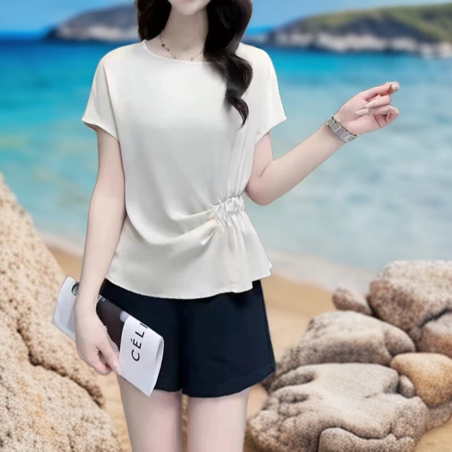 显瘦气质时尚休闲百搭夏季纯色圆领减龄洋气女士不规则设计感短袖