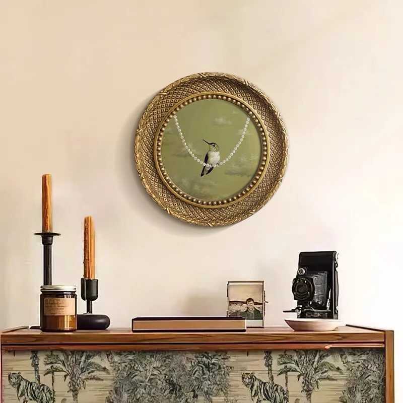 美式小众挂画复古艺术壁画法式餐厅装饰画卧室壁画蜂鸟圆形墙画