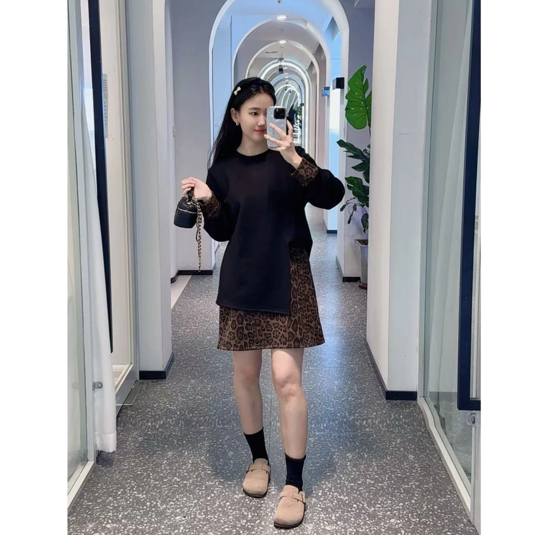 时尚气质百搭休闲宽松中长款豹纹两件套裙子