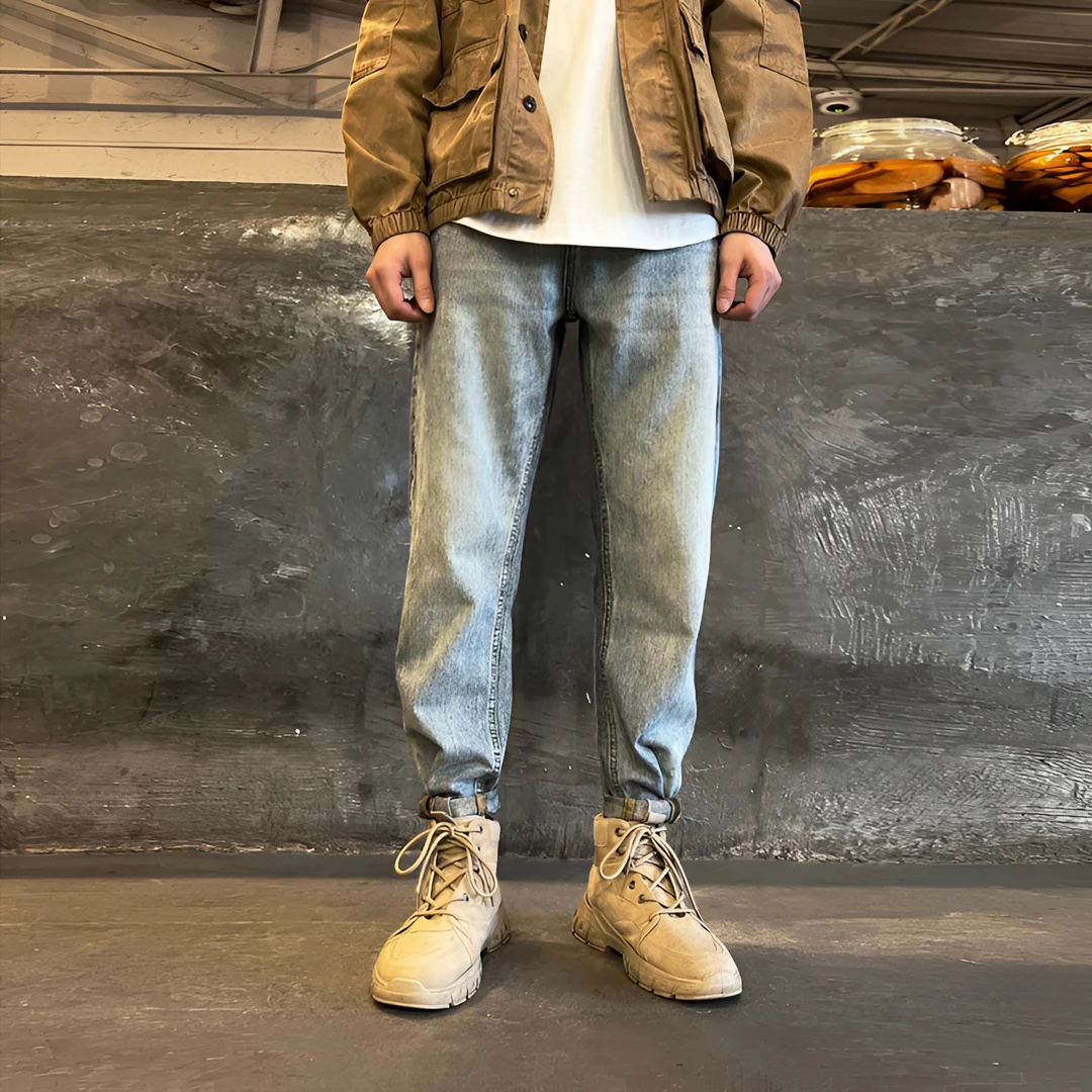 高端潮牌春夏新款磨白微锥形牛仔裤男款宽松小直筒百搭牛仔裤男款