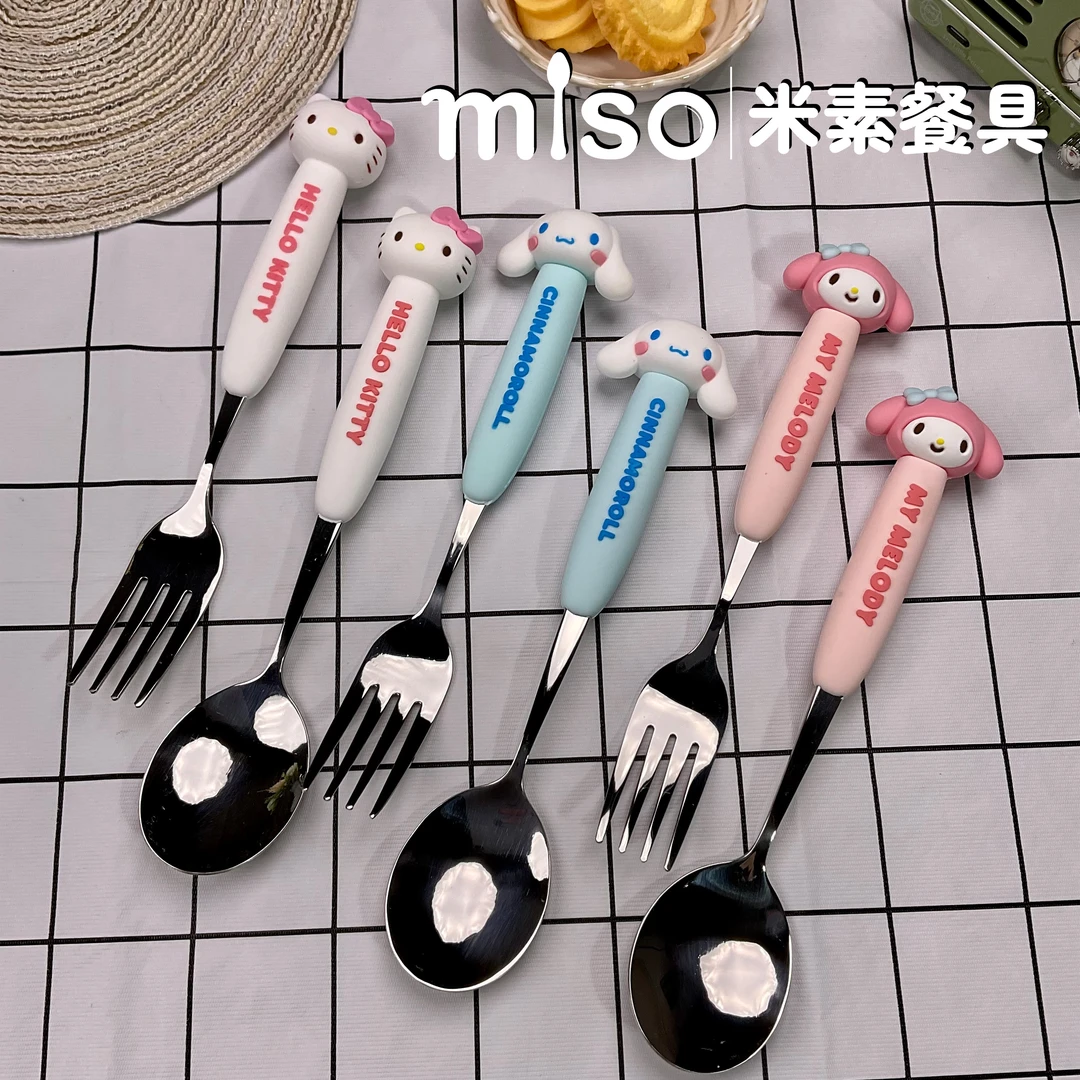 miso三丽鸥卡通硅胶柄餐具304不锈钢Kitty玉桂狗美乐蒂可爱叉勺