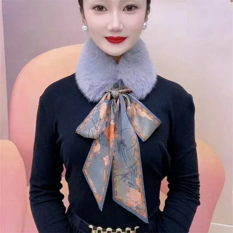 新款秋冬时尚飘带毛毛围巾毛绒毛领保暖百搭丝巾气质圆领护颈围巾