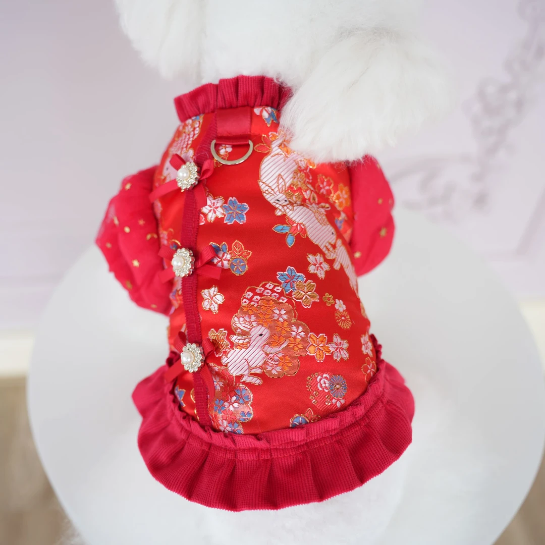 棒棒糖新年烫金泡泡袖唐装喜庆衣拜年服婚服中小型犬衣厚款可牵引