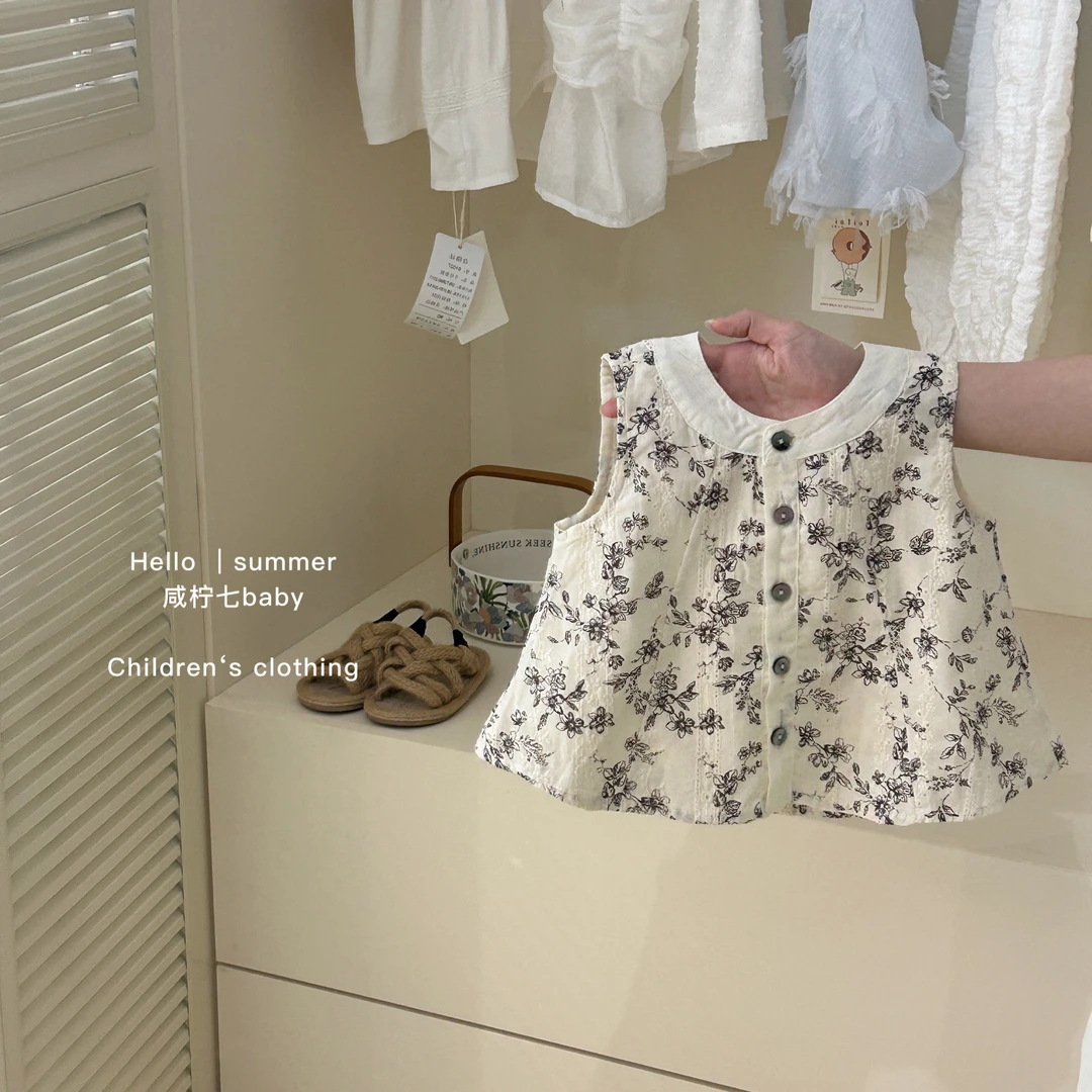 【现】女童复古棉麻背心夏装2024新款韩版洋气儿童无袖娃娃衫