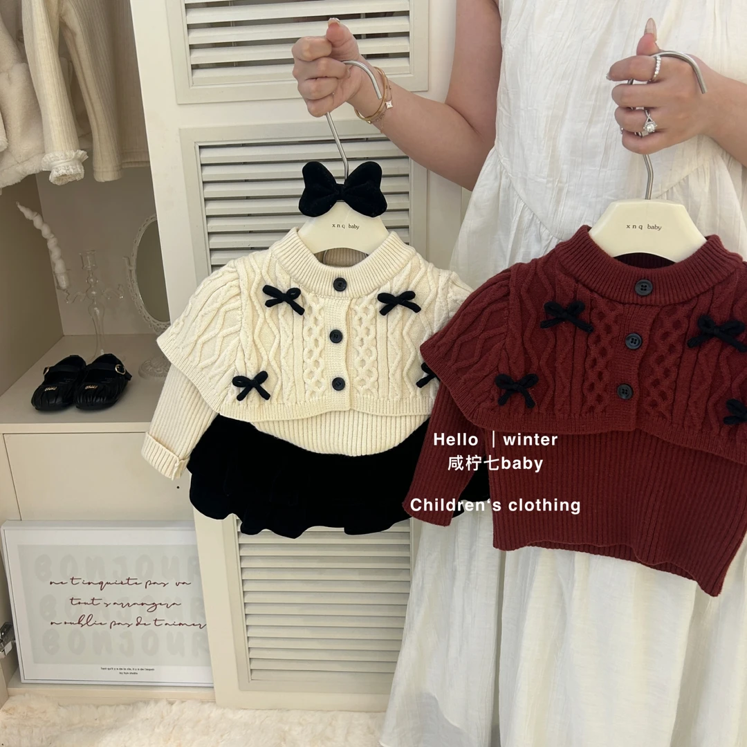 咸柠七女童毛衣秋冬款2024新款洋气披风斗篷冬季儿童新年针织衫