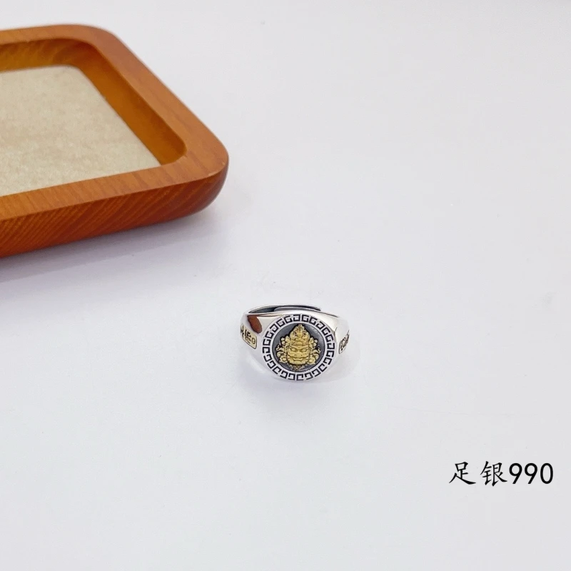 足银戒指 《立体黄财神戒指》足银990国风撞色复古做旧个性可调节