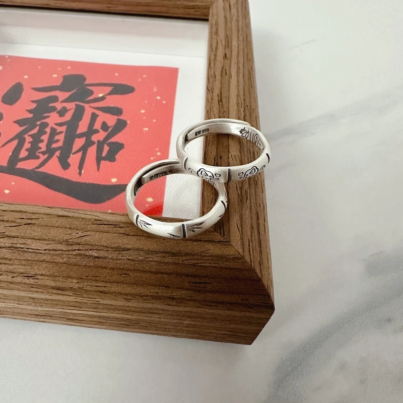 足银戒指 《竹节/小象古法戒指》足银999抽拉可调节时尚复古做旧