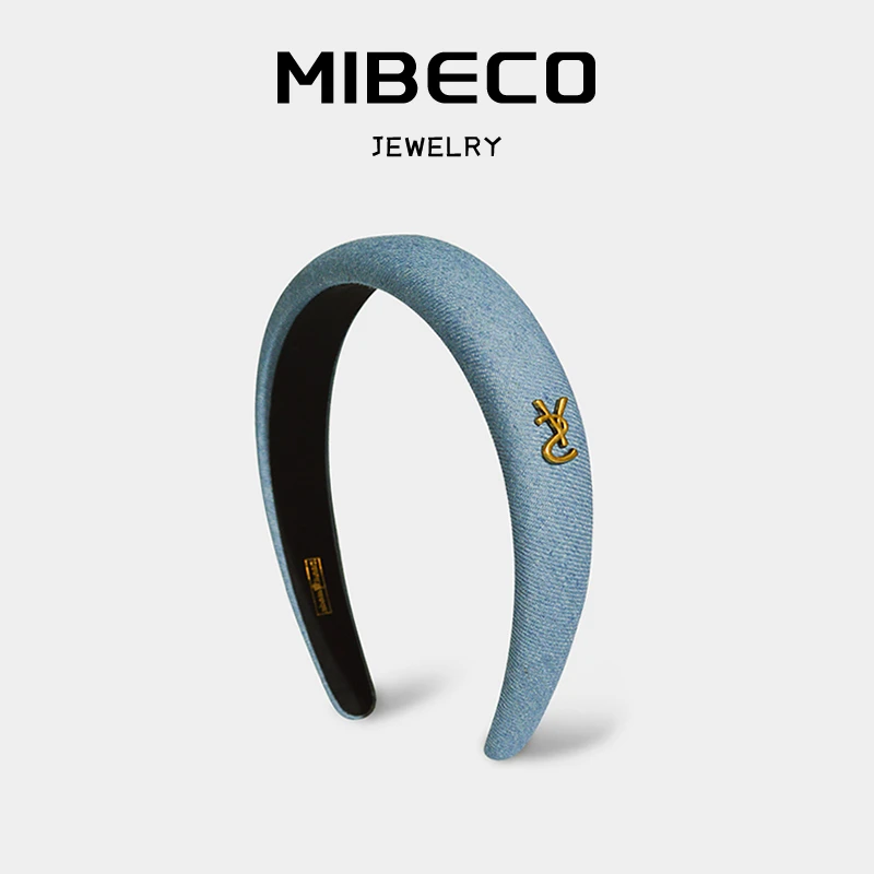 Mibeco布艺牛仔时尚字母发箍高级感百搭蓝色气质网红窄边甜美头饰