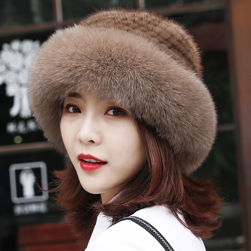 韩版水貂皮草帽子女冬貂皮礼帽貂毛狐狸毛百搭护耳保暖渔夫帽盆帽