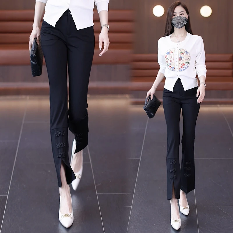 高腰显瘦微喇裤女2024春夏新款中式复古盘扣拼接休闲烟筒九分裤女