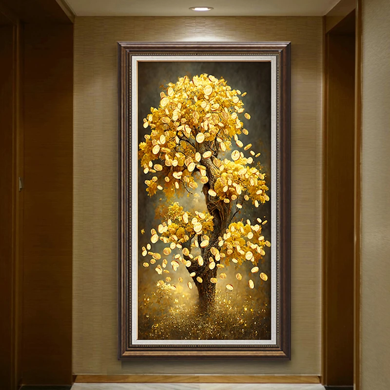 发财树壁画入户玄关装饰画美式客厅过道走廊挂画欧式楼梯间竖版画