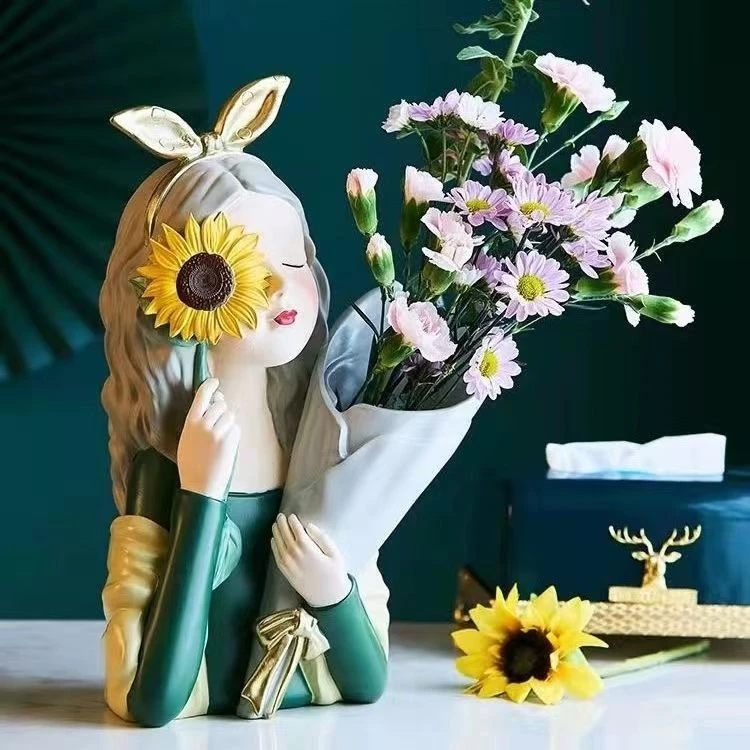 少女抱花花瓶摆件北欧轻奢客厅卧室插花落地摆件结婚礼物家居好物