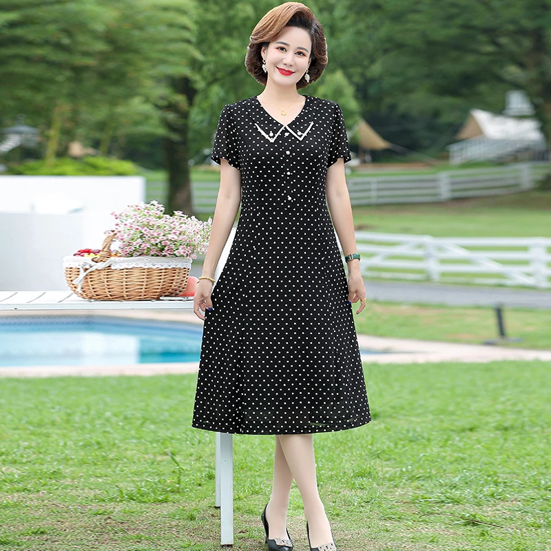 中年妈妈洋气夏装波点时尚连衣裙40-60岁大码短袖气质新款裙子潮