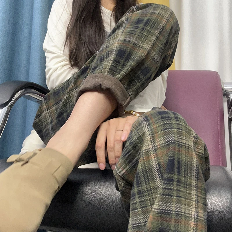 瑶曼复古时尚格子裤秋冬加绒加厚休闲裤高腰宽松百搭显瘦哈伦裤女