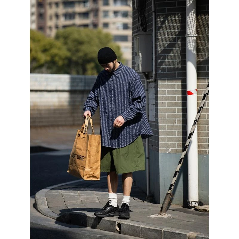 NOEARS泡泡纱肌理藏青撞色粗条纹翻领衬衣男日系宽松痞帅休闲衬衣